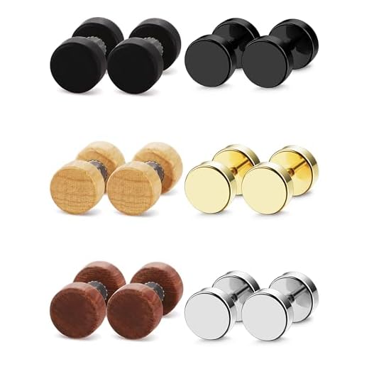 FIBO STEEL 6 Pairs Stud Earrings for Men Women Ear Piercing Ear Plugs Tunnel 18G,6MM