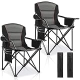 LANMOUNTAIN 2 Pack Padded Oversized Camping Chairs for Adults,Heavy Duty Support 400 Lbs,Folding Portable Lawn Chair w/Cup Holder,Cooler Bag,Side Pocket,Perfect for Outdoor Picnic,Hiking(Black)