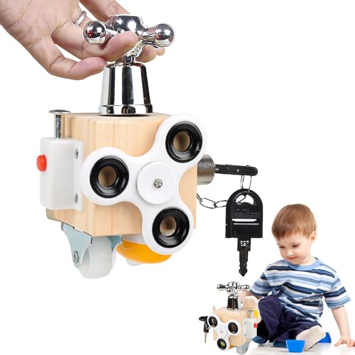 Wooden Sensory Activity Cube Toy, Busy Cube Handmade Montessori Fidget Educational Travel Toy for Toddler Early Development Autism (A)