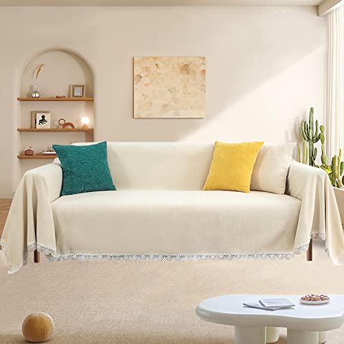 Mysky Home Boho Couch Cover Beige Sofa Covers With White Lace Farmhouse Sofa Slipcover Simple Couch Protector For Dogs Chenille Sectional Couch Covers L Shaped Couch Cushion Covers, 71"X 134" #TOP4