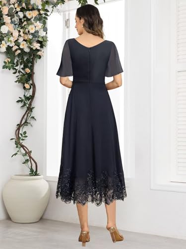 Tea Length Mother of The Bride Dresses for Women Chiffon Lace Applique Formal Evening Dress for Wedding4