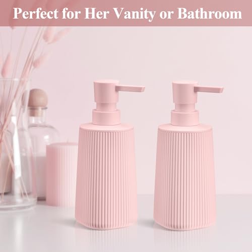 Image of Pink 2 Pack Hand Soap Dispensers Set with No Rust Pump for Bathroom Kitchen or Vanity Countertops Refillable Striped Matte Plastic 8.5 oz Cute Design for Girls Room Decor