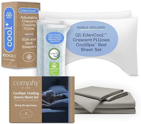 Coop's Cool+ Juego de sábanas refrescantes y almohadas recortadas Cool+, paquete Queen, el juego incluye (1) juego de sábanas refrescantes gris paloma y (2) almohadas recortadas