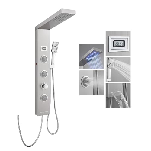 ROVOGO LED Colonne Panneau de Douche Hydromassante sans Mitigeur, 5 Fonctions: Douche Pluie, Jets de Massage, Douchette, Bec de Baignoire et Affichage de la Température, Acier inox 304, Brossée