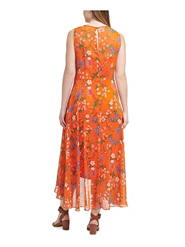 Calvin Klein Womens Orange Zippered Sheer Keyhole Back Hi-Lo Hem Lined Floral Sleeveless Surplice Neckline Maxi Wear To Work Faux Wrap Dress Plus 20W #TOP1