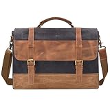 Mens Messenger Bag 15.6 Inch Waterproof Vintage Genuine Leather Waxed Canvas Briefcase Large Satchel