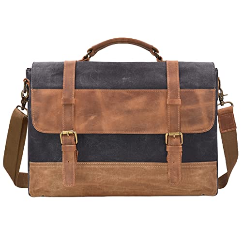 Mens Messenger Bag 15.6 Inch Waterproof Vintage Genuine Leather Waxed Canvas Briefcase Large Satchel Shoulder Bag Rugged Leather Computer Laptop Bag Grey #TOP11