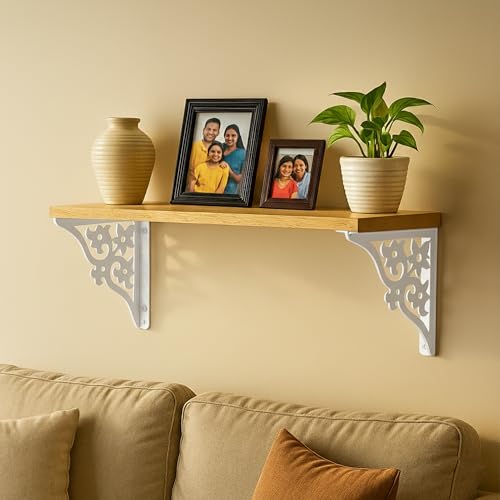 Image of Wall Shelf with Wooden Top Black|White Iron Brackets Storage Rack|Industrial Wall-Mounted Floating Shelf for Living Room,Kitchen,Bathroom (White Triple Floral Large)