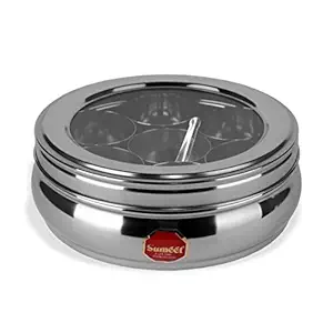 Sumeet Stainless Steel Belly Shape Masala (Spice) Box/Dabba/Organiser with See Through Lid with 7 Containers and Small Spoon (2.5 LTR Capacity)(Large)