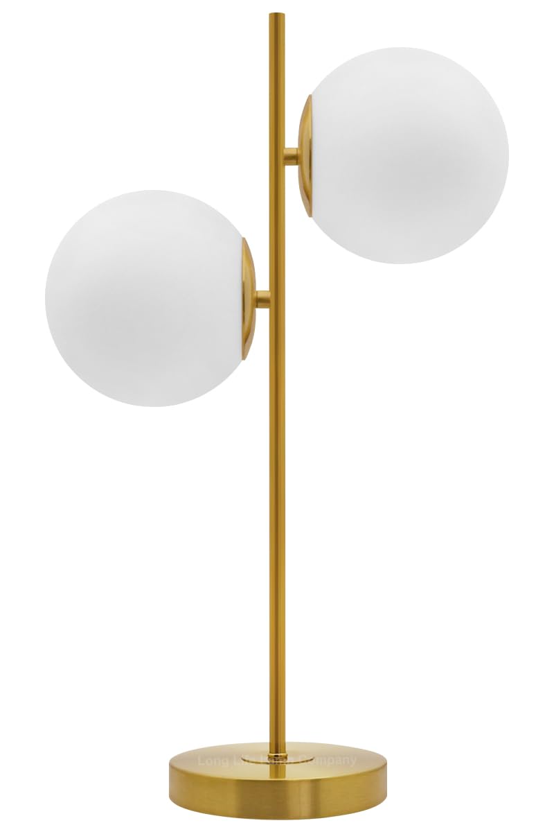 Long Life Lamp Company Brass Antique Table Lamp Twin Opal Globe Frosted Glass Shades, Glass Ball Desk Lamp H3118