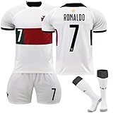 Trikot für Kinder Kids Fußball Jersey Set Portugal Ronaldo 7 New Retro 22 23 Football T-Shirt Shorts and Socks Set 140 Quick Dry Breathable Sport Soccer Kit Suit