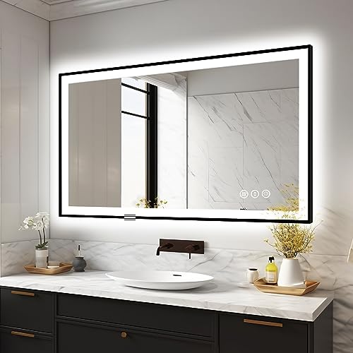 48x32 LED Bathroom Mirrors for Wall -Black Aluminum Framed (Front and Backlit), Anti-Fog Vanity Mirror With Lights,Stepless Dimmable Lighted Mirror,3 Colors Smart Mirror(Horizontal/Vertical)