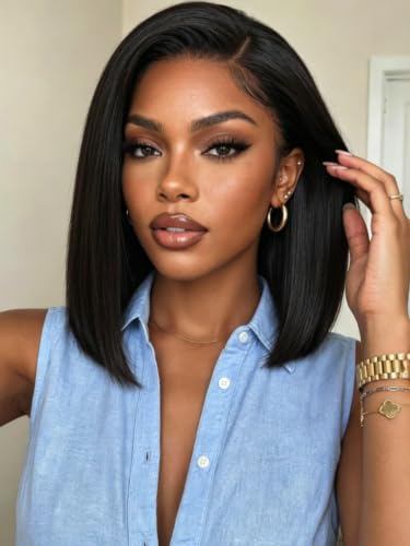 Image of KLAIYI Bye Bye Slip Straight Bob Wigs Human Hair Side Part Glueless Precut 6x4 Lace Front Wigs Drawstring Pre Plucked Bleached Knots Sleek Blunt Cut 30S Ready to Wear and Go Wig 220% Density 10Inch
