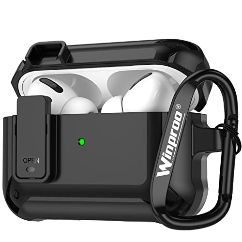 Winproo Armor Airpods Pro Case Cover With Lock Clip, Military Hard Shell Full-Body Shockproof Protective Case Skin With Keychain For Airpods Pro (Black) #TOP9