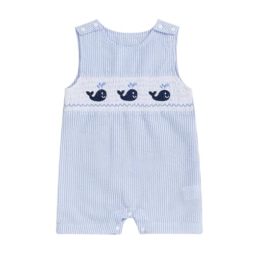 Newborn Baby Boys Sleeveless Seersucker Romper One Piece Straps Overalls Striped Jumpsuit Summer Smocked Clothes