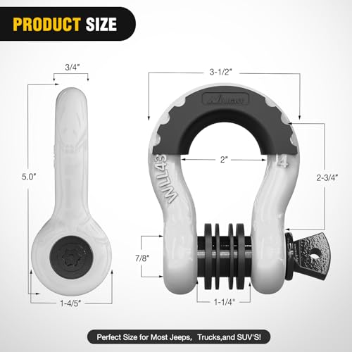 Image of Nilight 3 /4 inch D Ring Shackle 2 Pack 19T (41,887 lbs) Break Strength 4.75T WLL Heavy Duty Towing Hook with Anti-Theft System Anti-Rattle Isolators for Truck Jeep SUV ATV UTV Recovery White