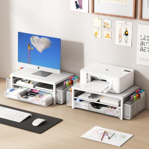 Image of OPNICE Desk Organizers and Accessories, Computer Monitor Stand Riser with Drawer and 2 Pen Holders, Printer & Laptop Stand, Office Desk Accessories & Workspace Organizers for Home Office Supplies, Metal White