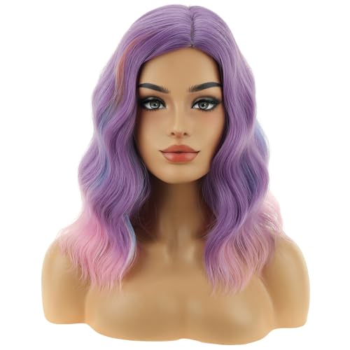 Image of BERON Women Colorful and Purple Short Wave Wig for Girls Light Purple Shoulder Length Heat Resistant Synthetic Wig for Cosplay Costume Party or Daily