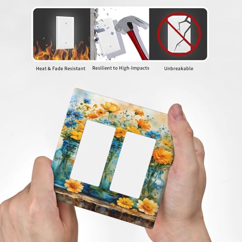Decorative Outlet Covers Rustic Yellow Flowers Floral Blue Bottles 2 Gang Wall Plate Double Rocker Two Switch Wall Cover Plate Light Switch Cover Plate Faceplate for Country Bedroom Decor