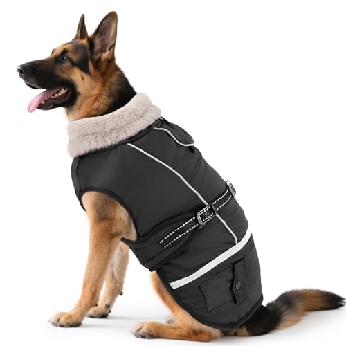 Woiil Hundemantel Winter, Hundemantel Wasserdicht für Grosse Hunde mit Verstellbaren Schultergurten, Hundejacke aus Fleece, Reflektierende Streifen, Geeignet für Deutsche Schäferhunde (XXL,Schwarz)