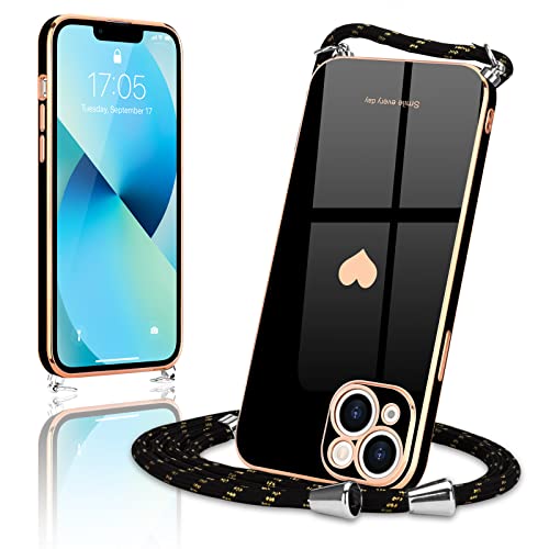 Wirvyuer Coque avec Cordon pour iPhone 13, Ultra Mince Silicone Souple Étui en Motif Coeur avec Chaîne Collier Réglable Téléphone Portable Lanyard Case iPhone 13 Noir