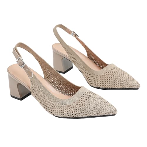 Women's Knit Chunky Heels Slingback Pumps with Adjust Ankle Strap Fashion Pointed Toe Breathable Mesh High Heels Sandals for Work Office Party Dress Shoes