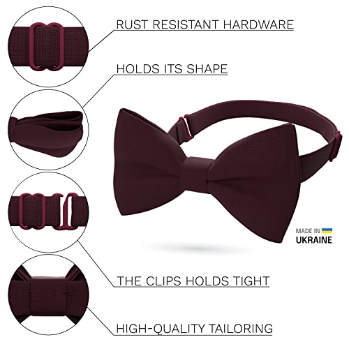 Burgundy Mens Bow Tie for Maroon Men Bow Ties Gabardine Material for Adults Big Bowtie, Men Bowties Formal Pre-Tied Fabric Clip on Shape in Solid Handmade Colors for Prom & Wedding (Large, Marsala)