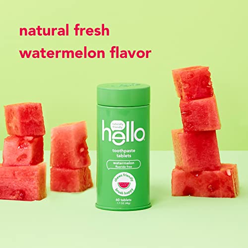 hello Kids Watermelon Eco Friendly, Travel Toothpaste, Natural Watermelon Flavor, Fluoride Free, Plastic-Free, TSA Compliant, Vegan, SLS Free, 60 Tablets