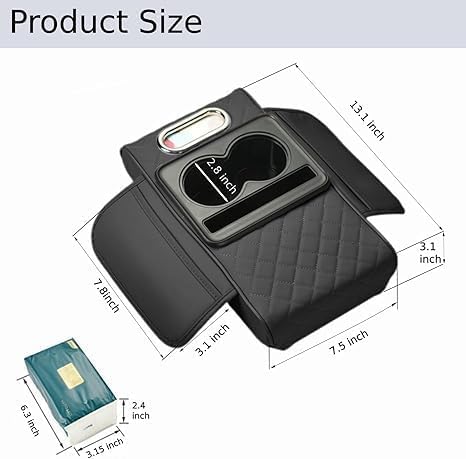 Image of Car Armrest Cushion, 5 in 1 Center Console Cover with 2 Cup Holders, Phone Holder, Tissue Holder, Storage Bag, Multifunctional Leather Heightened Car Armrest Cushion for Most Car (Black)