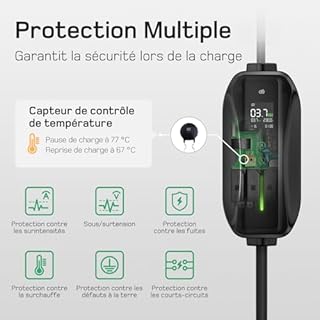 dé Chargeur Voiture Electrique 3,68kW [8m, 6/8/10/13/16A] Cable de Recharge Type 2 avec LCD écran Numérique Contrôlable, Compatible avec e-208, Spring, 500e, Model 3, Megane EV, Zoe, PHEV/EV