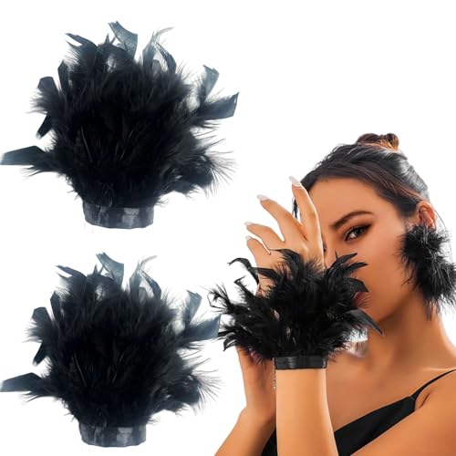 AUOCATTAIL Feather Gloves Cuffs Swan Wrist Band for Women Cosplay Costume Wedding Halloween Accessories (Black One Size)