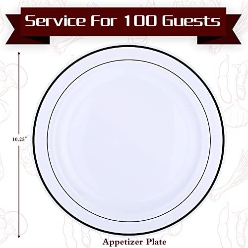 100 Pcs Disposable Plates Plastic Party Plates With Black Rim 10.25 Inch For Wedding Heavy Duty White Plates Salad Dinner Appetizer Dessert Plates For Holiday Parties #TOP1