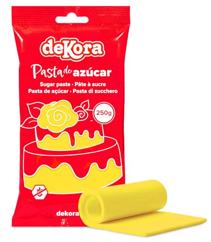 Dekora - Fondant Amarillo | Pasta de Fondant para Tartas - Cobertura para Bizcochos, Tartas, Pasteles, Magdalenas o Cupcakes con el que Poder Hacer Todo Tipo de Decoraciones - 250 gr