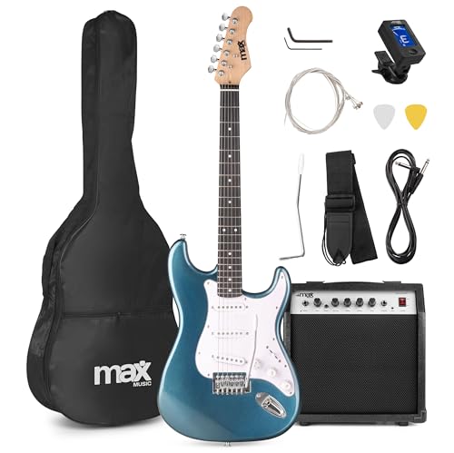 MAX GigKit guitarra eléctrica 4/4 con amplificador 40W, funda, púas, afinador y cable – Set completo para principiantes jóvenes y adultos – Color Petrol