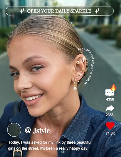 Jstyle Hypoallergenic Flat Back Earrings for Women Trendy - 14K Gold Plated Cartilage Earring Stacks Small Surgical Steel Stud Hoop Earring Sets for Multiple Piercing with CZ Charm Gold Plated