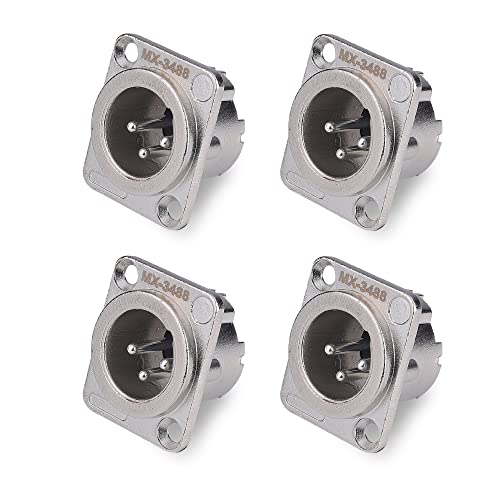 Image of MX 3 Pin XLR connector Microphone Connector pin Pure Copper Nickel Plated Pins1 for High Conductivity microphone cable connector PERENT (3 PIN PANEL MOUNTING silver, Pack of 4, Male Connector)