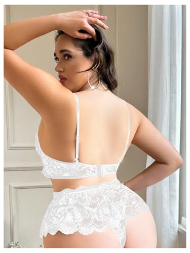 Image of Verdusa Women's Plus Size 4 Piece Lingerie Set Floral Lace Sheer Bralettes and Thong with Garter Belt