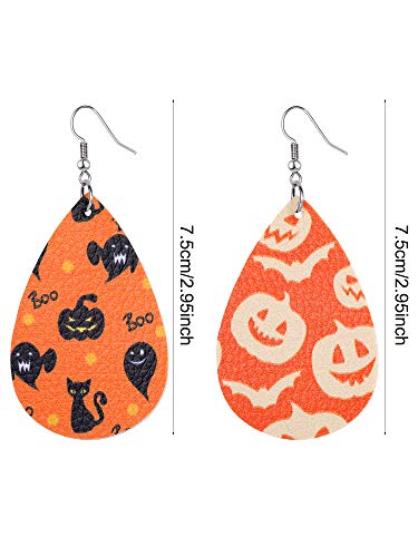 20 Pairs Halloween Faux Leather Earrings Layered Leather Teardrop Drop Earrings Pumpkin Skull Spider Print Gifts for Women2