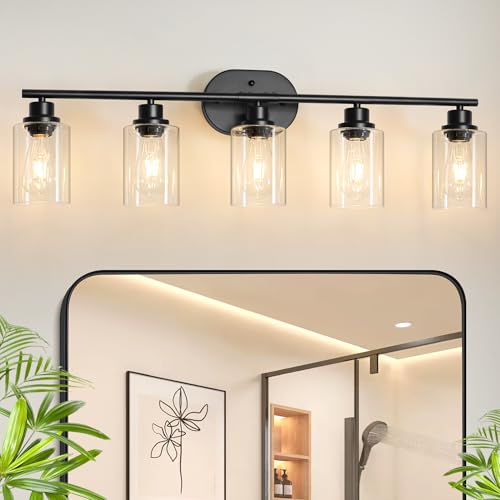 Image of Unicozin 5 Light Bathroom Light Fixtures,33.5 Inch Vanity Lights for Bathroom, Lacquered Black Wall Lamp with Clear Glass for Mirror, Living Room, Hallway, Cabinet, E26 Base