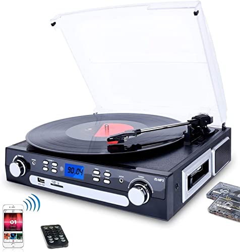 DIGITNOW Bluetooth Record Player with Stereo Speakers, Turntable for Vinyl to MP3 with Cassette Play, AM/FM Radio, Remote Control, USB/SD Encoding, 3.5mm Music Output Jack