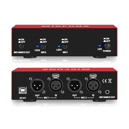 Micfuns MC New 2 Channel 48V Phantom Power Supply with 3.5mm Audio Cable to Connect Audio Interface for Condenser Microphone Music Recording Equipment (MC2-new red)