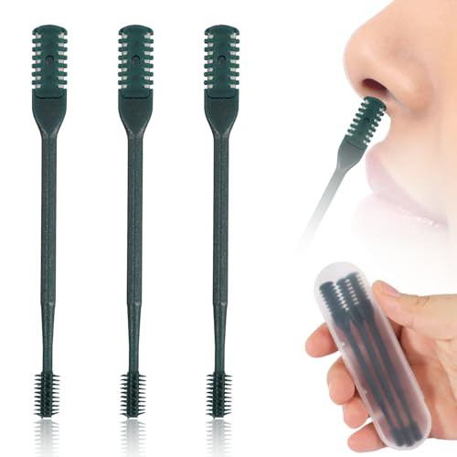 PEUTIER 3pcs 2 in 1 Nose Hair Trimmer, 360° Rotating Nasal Hair Cutter Clipper Double Sided Nose Hair Cleaner Portable Manual Nostril Hair Removal Tool with Ear Picker for Men Women (Dark Green)