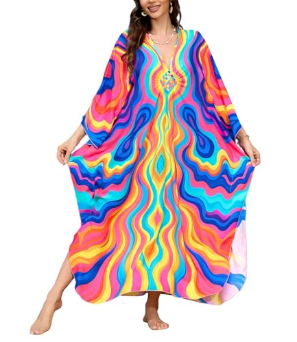 Image of IMAGEKOPE Women's Plus Size Animal Print V-Neck Batwing Kaftan Beach Dress Bathing Suit Cover-Up Loungewear
