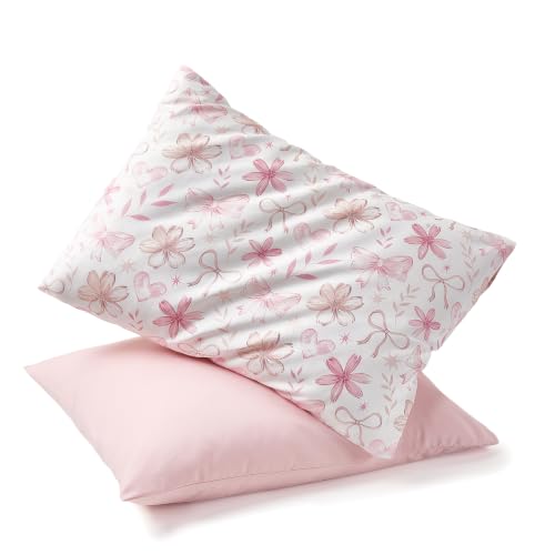 Image of TILLYOU Toddler Pillowcases 13 x 18 Travel Pillow Case 2 Pack, Kids Pillowcases Machine Washable with Envelope Closure, Pink Flower&Butterfly