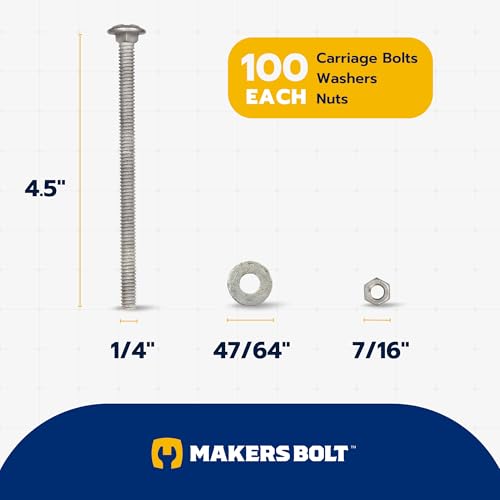 Image of 1 /4 inch x 4-1 /2 inch (100 Pack) Galvanized Carriage Bolt Kit Grade 307A Includes 1 /4 inch USS Flat Washers (100 pcs) and 1 /4 inch-20 Hex Nuts (100 pcs), Hot Dip Galvanized for Exterior Use by Makers Bolt