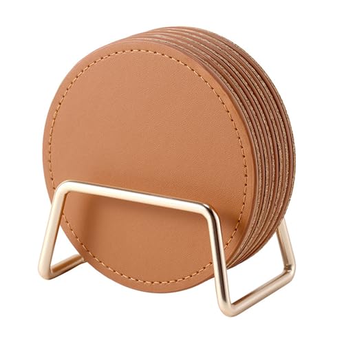Coasters Set of 6 with Holder - 3.9-Inch Drink Coasters(Brown)