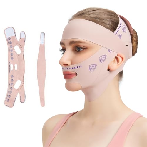 Mascarilla facial adelgazante para papada, en forma de V con efecto lifting, banda reutilizable para contorno facial, apta para todo tipo de rostro, rosa claro
