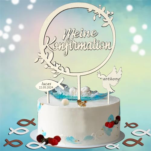 Sunwuun 39 Piezas Adornos para Tartas Confirmación Adornos para Tartas Niño Niña Decoración de Mesa Adornos para Tartas de Comunión Peces de Madera Confirmación Adornos de dispersión Blancos Decoraci