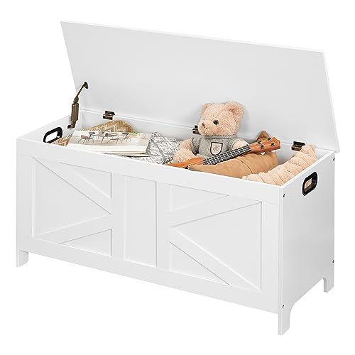 MAHANCRIS Storage Chest, Toy Box Organizer, Storage Bench with Safety Hinge, 39.4”L x 15.7”W x 18.9”H, Large Storage Trunk, Wooden Toy Chest, Entryway Bench, for Living Room, Bedroom, White SCWT48401