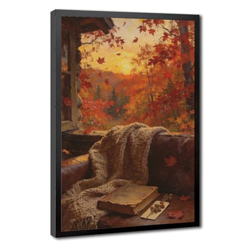 Autumn Cabin Window Framed Wall Art Print, Cozy Reading Nook
